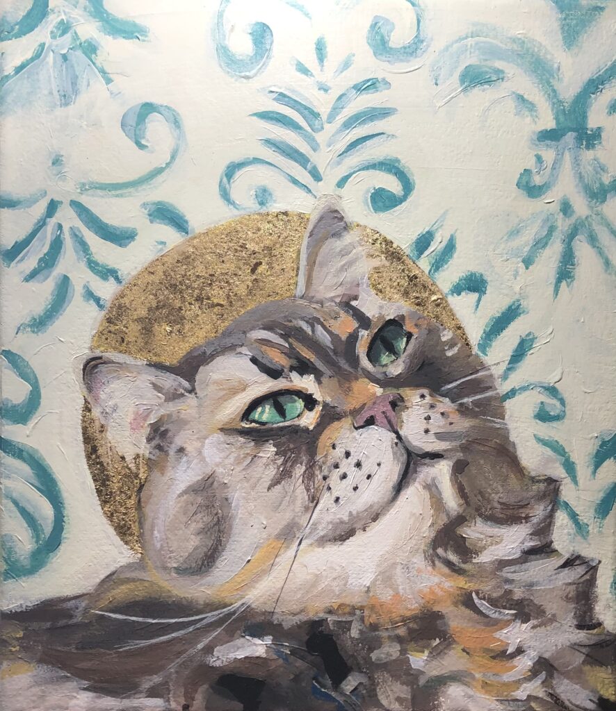 A 2022 acrylic painting of the cat Toaster as iconography