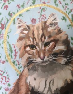 A 2022 acrylic painting of the cat Cheddar as iconography