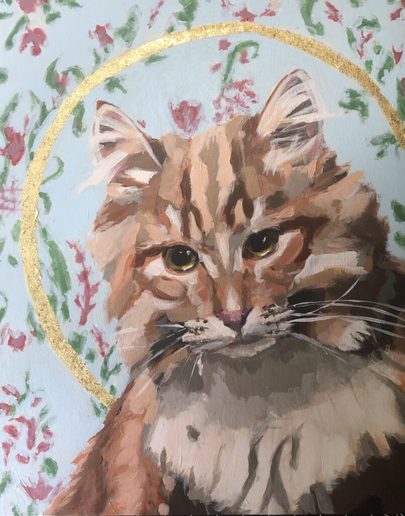 A 2022 acrylic painting of the cat Cheddar as iconography