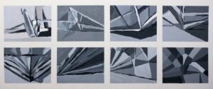 An 8 panel abstraction of a paper crane being unfolded. Acrylic on art board 2013.