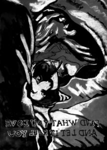 The preliminary drawing for a woodblock cut print depicting a boy hugging his cat with the words "Find what you love and let it kill you" written, mirrored.