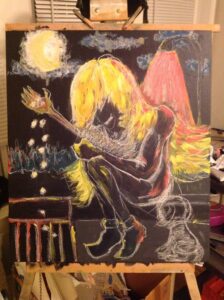 An unfinished painting showing a boy pouring his money down the drain. Acrylic 2015