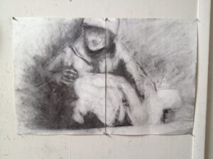 An atmospheric charcoal drawing of two soldiers, one wounded, the other protecting him.
