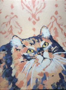 A 2022 acrylic painting of the cat Ja'mie in simplified form over a traditional wallpaper