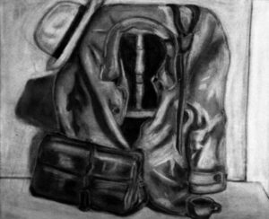 Charcoal drawing of a jacket draped over a chair with a hat and a briefcase. 2013