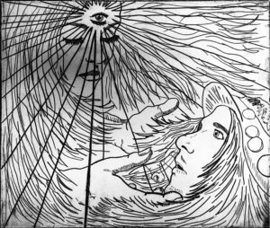 Lithography print of a celestial being embracing the young artist.