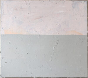Title: Echo in Patina * Year: 2025 * Materials: Acrylic and oil paint pen on canvas * Dimensions: 25 x 22 inches *  A calm sea of vintage, lacquered green rests beneath a chaotic, flesh-toned sky. This quiet palimpsest rewards close viewing, revealing a faint, explosion-like splatter on the horizon and subtle traces of red oil pen and blue undertones. The built-up texture along the edges suggests a material history, evoking the lingering memory of a distant, resonant event in an otherwise serene space. 