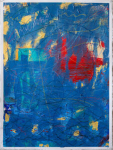 Title: A Nocturne of Scrapes and Stars * Year: 2025 * Materials: Acrylic and oil pastel on Aquarelle paper * Dimensions: 22.25 x 30 inches