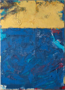 Title: Lacuna in Blue and Gold * Year: 2025 * Materials: Acrylic, cheesecloth, and mixed media on canvas * Dimensions: 18.75 x 25.75 inches